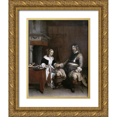 Gallant Soldier Gold Ornate Wood Framed Art Print with Double Matting by Ter Borch, Gerard