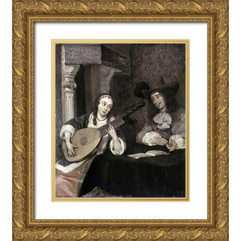 Woman Playing The Lute Gold Ornate Wood Framed Art Print with Double Matting by Ter Borch, Gerard