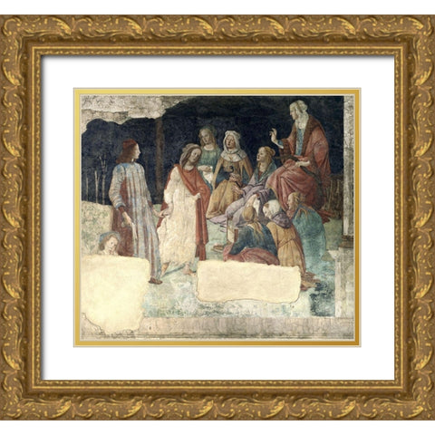 A Young Man Is Greeted By The Liberal Arts Gold Ornate Wood Framed Art Print with Double Matting by Botticelli, Sandro