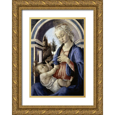 Virgin and Child Gold Ornate Wood Framed Art Print with Double Matting by Botticelli, Sandro