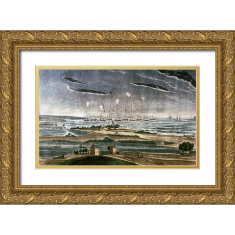Bombardment of Fort Mchenry Gold Ornate Wood Framed Art Print with Double Matting by Bower, John