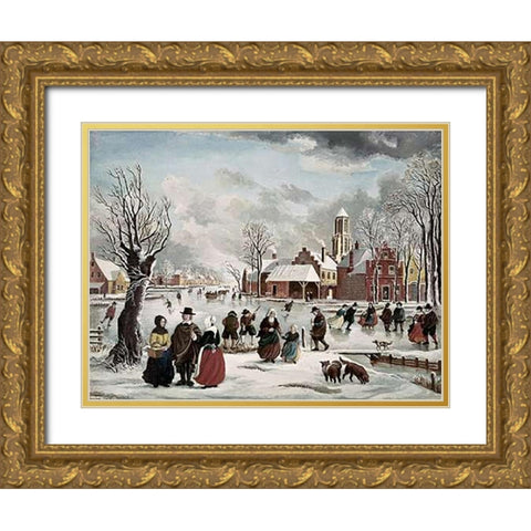 Winter Life In Holland Gold Ornate Wood Framed Art Print with Double Matting by Van der Bowlen, J.