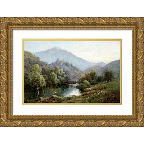 English Mountain Lake Gold Ornate Wood Framed Art Print with Double Matting by De Breanski, Alfred