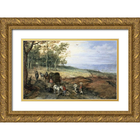 A Wooded Landscape with Travelers Gold Ornate Wood Framed Art Print with Double Matting by Jan Brueghel the Elder