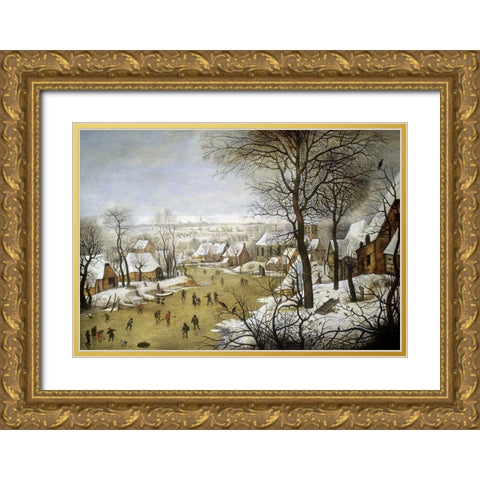 A Winter Landscape with Skaters and a Bird Trap Gold Ornate Wood Framed Art Print with Double Matting by Bruegel the Elder, Pieter
