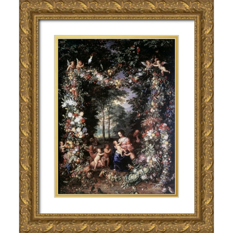 Holy Family W/ Wreath of Fruit and Flowers Gold Ornate Wood Framed Art Print with Double Matting by Jan Brueghel the Elder