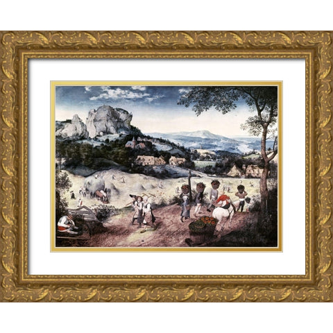 Haymaking Gold Ornate Wood Framed Art Print with Double Matting by Bruegel the Elder, Pieter