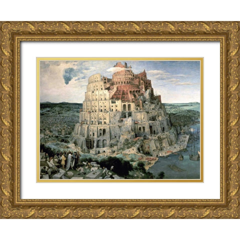 Tower of Babel Gold Ornate Wood Framed Art Print with Double Matting by Bruegel, Pieter the Elder