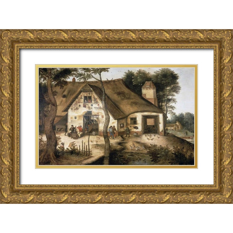 Auberge Saint-Michel Gold Ornate Wood Framed Art Print with Double Matting by Bruegel, Pieter the Younger