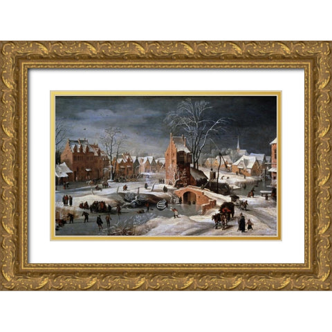 Winter Scene With Ice Skaters and Birds Gold Ornate Wood Framed Art Print with Double Matting by Bruegel, Pieter the Younger