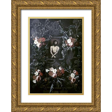 Museumist In a Wreath of Flowers Gold Ornate Wood Framed Art Print with Double Matting by Ter Brugghen, Hendrick