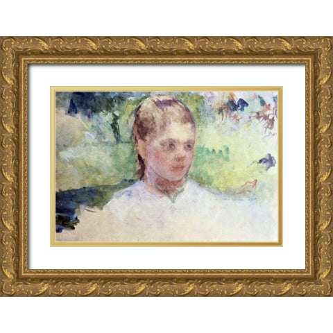 Little Girls Head - Green Background Gold Ornate Wood Framed Art Print with Double Matting by Cassatt, Mary