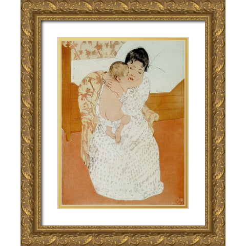 Maternal Caress Gold Ornate Wood Framed Art Print with Double Matting by Cassatt, Mary