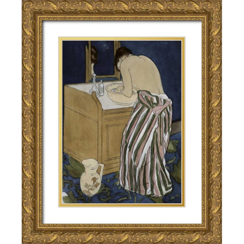 Woman Bathing Gold Ornate Wood Framed Art Print with Double Matting by Cassatt, Mary