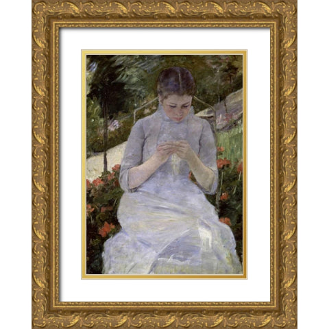 Young Woman Sewing in the Garden Gold Ornate Wood Framed Art Print with Double Matting by Cassatt, Mary