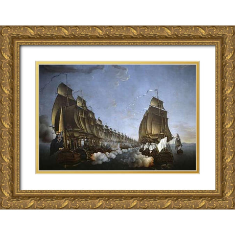 Combat Between The French and English Fleets As Viewed From Goudelour Gold Ornate Wood Framed Art Print with Double Matting by Rossel de Cercy, Auguste Louis