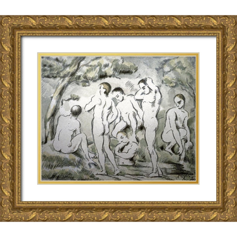 Bathers Gold Ornate Wood Framed Art Print with Double Matting by Cezanne, Paul