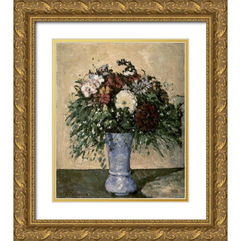 Bouquet In a Blue Vase Gold Ornate Wood Framed Art Print with Double Matting by Cezanne, Paul