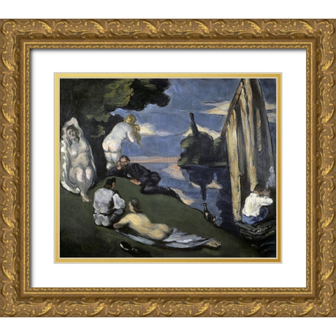 Pastoral Gold Ornate Wood Framed Art Print with Double Matting by Cezanne, Paul