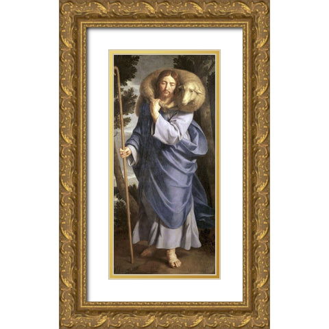 Good Shepherd Gold Ornate Wood Framed Art Print with Double Matting by Champaigne, Philippe de