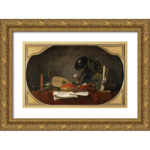 Attributes of Music Gold Ornate Wood Framed Art Print with Double Matting by Chardin, Jean-Baptiste-Simeon
