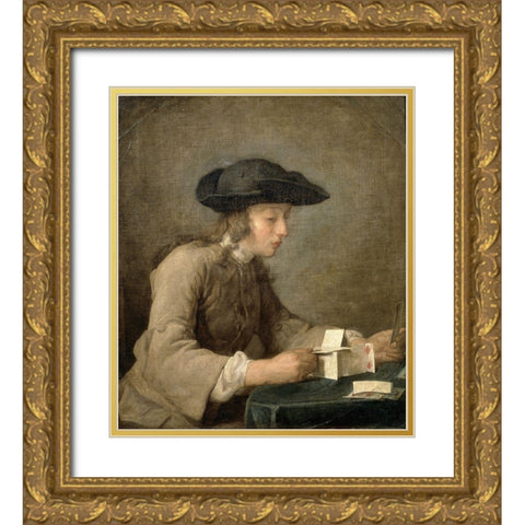 House of Cards Gold Ornate Wood Framed Art Print with Double Matting by Chardin, Jean-Baptiste-SimÃ©on