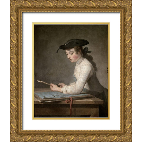 Young Draftsman Gold Ornate Wood Framed Art Print with Double Matting by Chardin, Jean-Baptiste-SimÃ©on