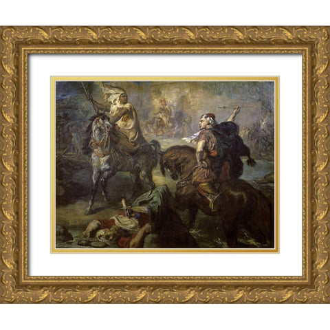Arab Chiefs Challenging To Combat Under a City Ramparts Gold Ornate Wood Framed Art Print with Double Matting by Chasseriau, Theodore