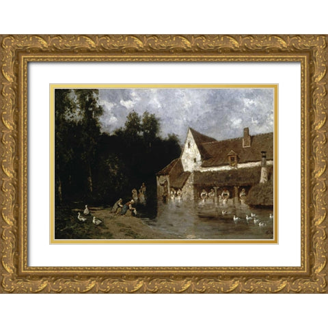 Washerwomen Gold Ornate Wood Framed Art Print with Double Matting by Cicerie, E.