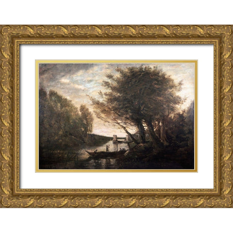 Rowing To Shore Gold Ornate Wood Framed Art Print with Double Matting by Corot, Jean-Baptiste-Camille