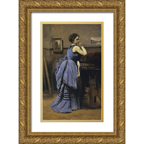 Woman In Blue Gold Ornate Wood Framed Art Print with Double Matting by Corot, Jean-Baptiste-Camille