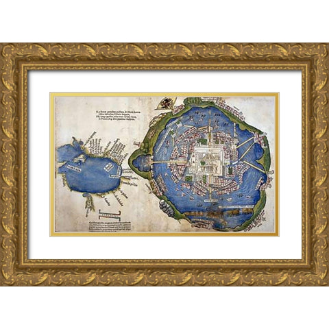 Gulf of Mexico and Mexico City Gold Ornate Wood Framed Art Print with Double Matting by Cortes, Hernando