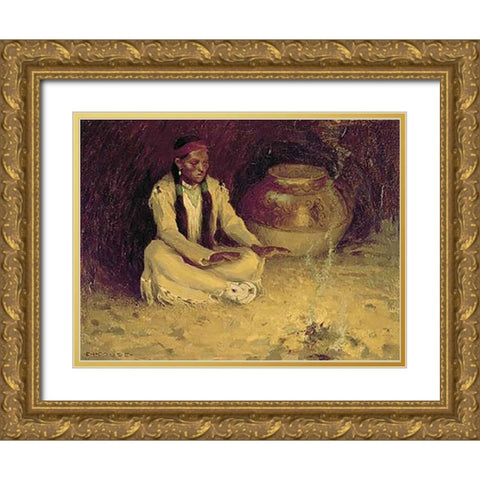 Fireside Gold Ornate Wood Framed Art Print with Double Matting by Couse, Eanger Irving