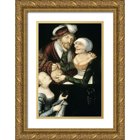 A Procuress Gold Ornate Wood Framed Art Print with Double Matting by Cranach, Lucas