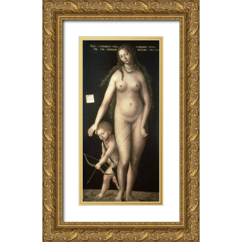 Venus and Amor Gold Ornate Wood Framed Art Print with Double Matting by Cranach, Lucas