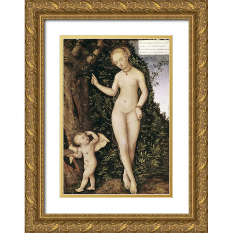 Venus and Cupid With Bee Hive Gold Ornate Wood Framed Art Print with Double Matting by Cranach, Lucas