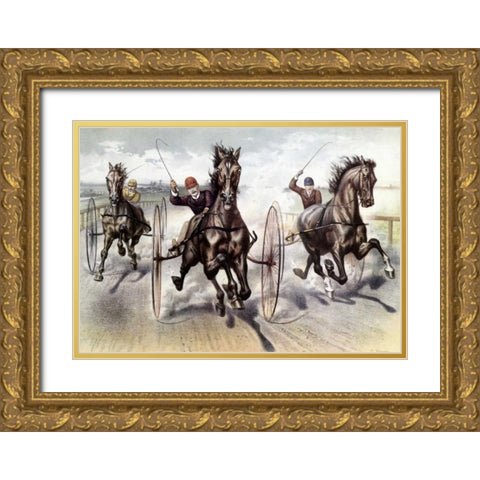 A Race For Blood Gold Ornate Wood Framed Art Print with Double Matting by Currier and Ives