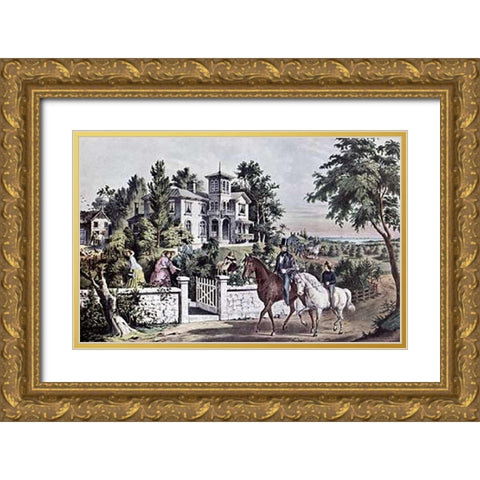 American Country Life: May Morning Gold Ornate Wood Framed Art Print with Double Matting by Ives, Currier and