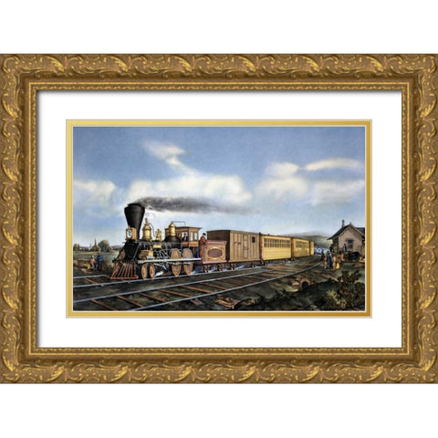 American Express Train Gold Ornate Wood Framed Art Print with Double Matting by Currier and Ives