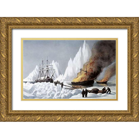 American Whalers Crushed In The Ice Gold Ornate Wood Framed Art Print with Double Matting by Ives, Currier and