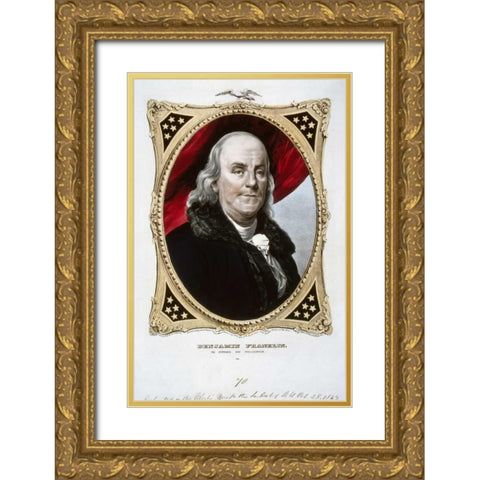 Benjamin Franklin Gold Ornate Wood Framed Art Print with Double Matting by Currier and Ives