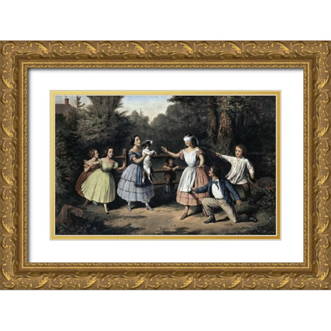 Blind Mans Buff Gold Ornate Wood Framed Art Print with Double Matting by Currier and Ives