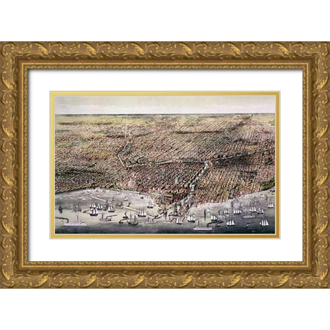 City of Chicago Gold Ornate Wood Framed Art Print with Double Matting by Ives, Currier and