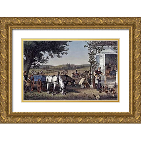 Farm and Fireside Gold Ornate Wood Framed Art Print with Double Matting by Ives, Currier and