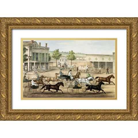 Going To The Trot Gold Ornate Wood Framed Art Print with Double Matting by Currier and Ives