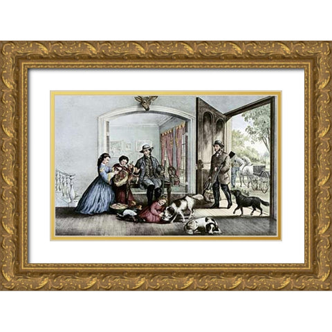 Home From The Woods Gold Ornate Wood Framed Art Print with Double Matting by Ives, Currier and
