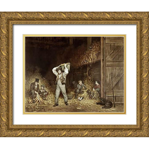 Husking Corn Gold Ornate Wood Framed Art Print with Double Matting by Ives, Currier and