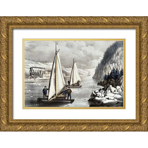 Ice Boat Race On The Hudson Gold Ornate Wood Framed Art Print with Double Matting by Ives, Currier and