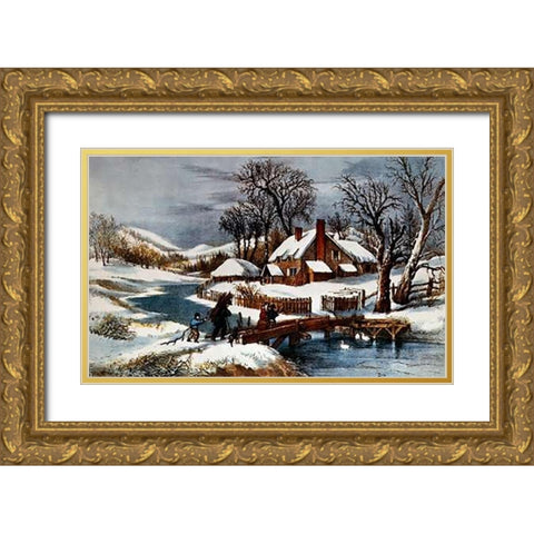 Ingleside Winter Gold Ornate Wood Framed Art Print with Double Matting by Ives, Currier and