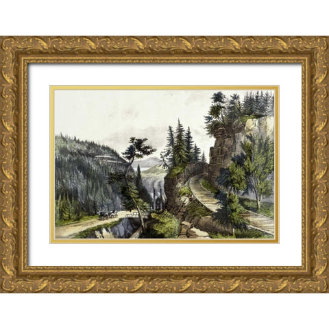 Pennsylvania Railroad Scenery Gold Ornate Wood Framed Art Print with Double Matting by Currier and Ives